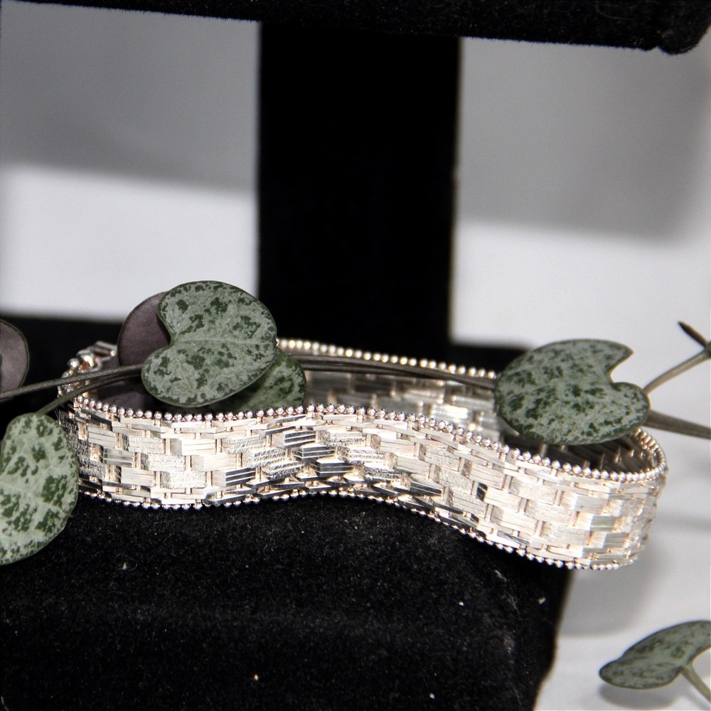 Italy 925 Sterling Silver Woven Basket Weave Wide Band Bracelet 7 Inch 12.6mm